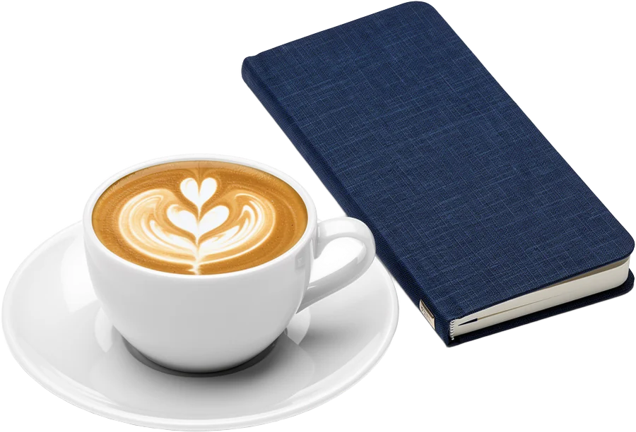 A coffee cup beside a closed notebook